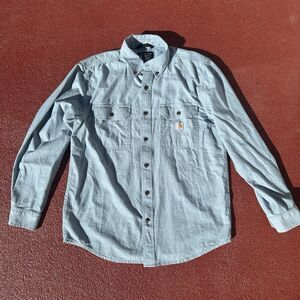 Carhartt Shirt Mens Medium Blue Loose Fit Midweight Chambray Pockets Button Down